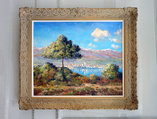 ‘View of Antibes, 1888, In the style of Claude Monet’ by John Myatt at Castle Fine Art in Bruton Street, priced at £39,500 ($67,100). Image Auction Central News.